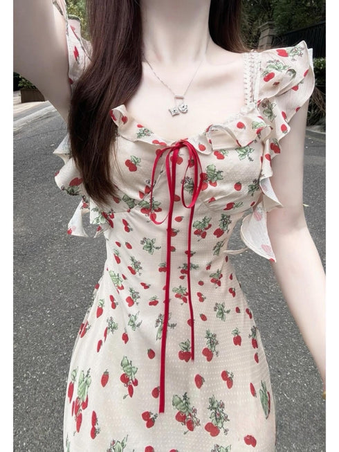 Printed Sleeveless Frills Straps Long Dresses